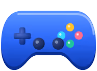 Blue video game controller with directional pad on the left and four colorful buttons on the right.